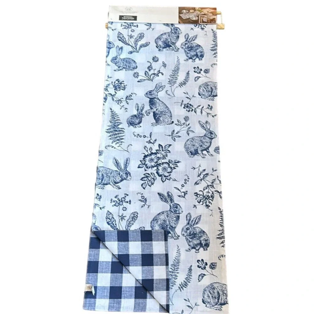 THE FARMHOUSE BY RACHEL ASHWELL Blair Bunnies Blue 16X90 Reversible Table Runner